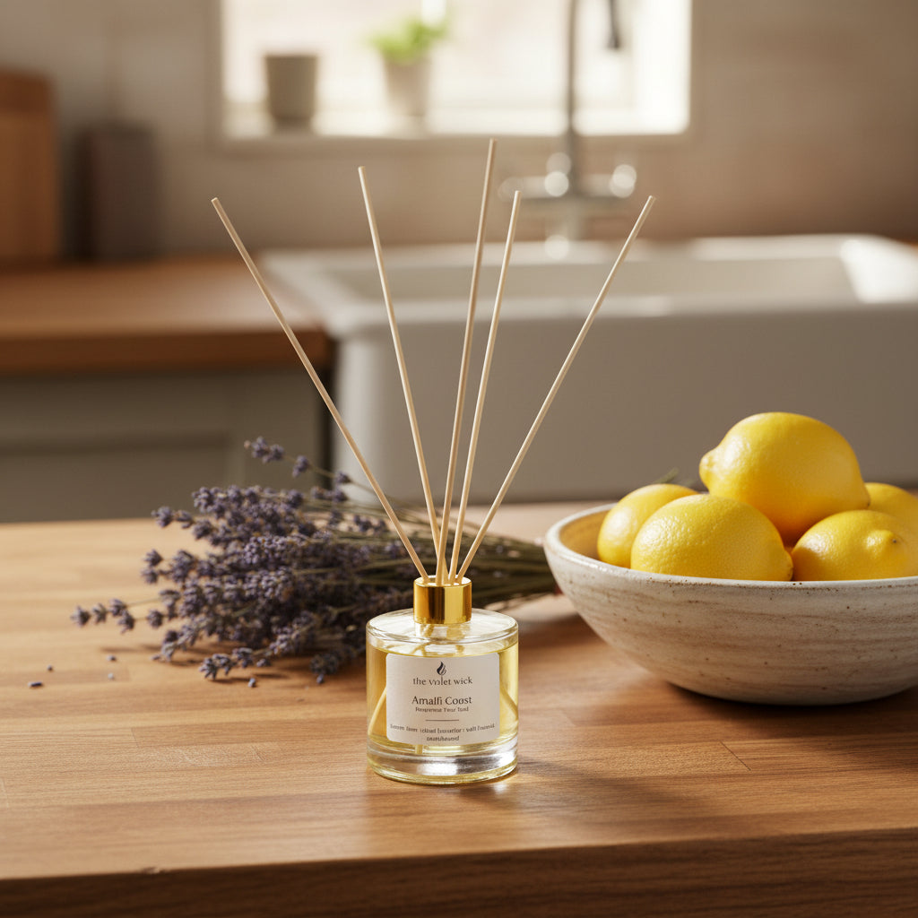 clear diffuser bottle with gold lid on timber kitchen bench with lemons and dried lavender flowers