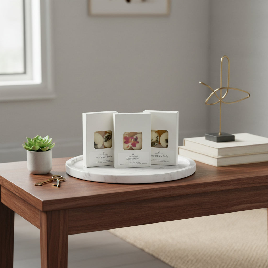 Botanical Soy Wax Melts Bundle on a white tray on coffee table by The Violet Wick