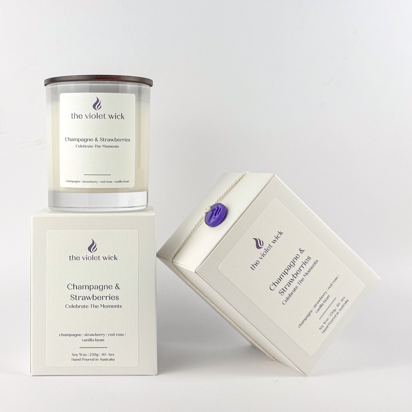 Champagne Strawberries soy candle by The Violet Wick on white background