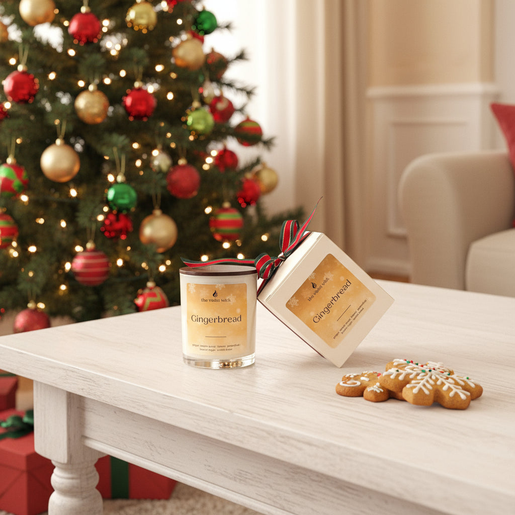 Gingerbread soy candle on coffee table and Christmas Tree with gingerbread cookies.