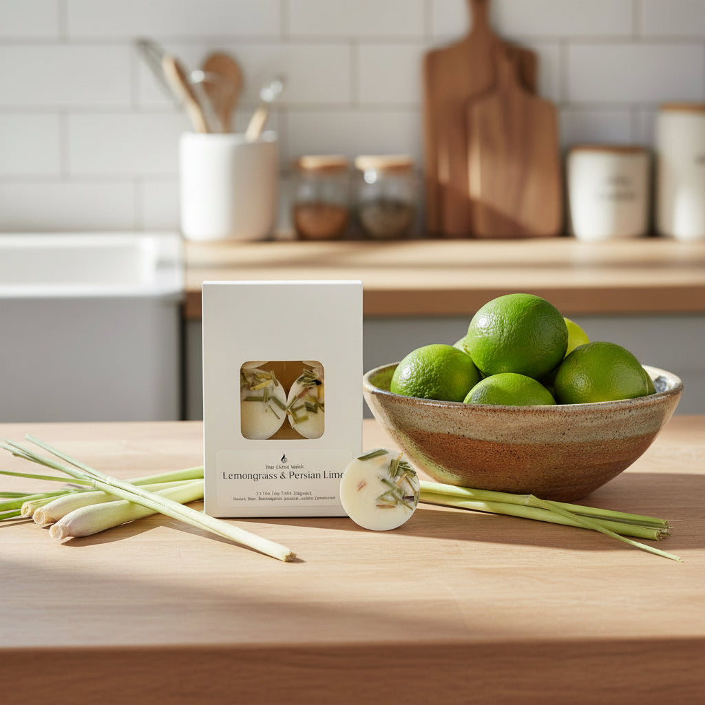 six pack botanical soy wax melts on kitchen bench with bowl of limes and lemongrass stalks