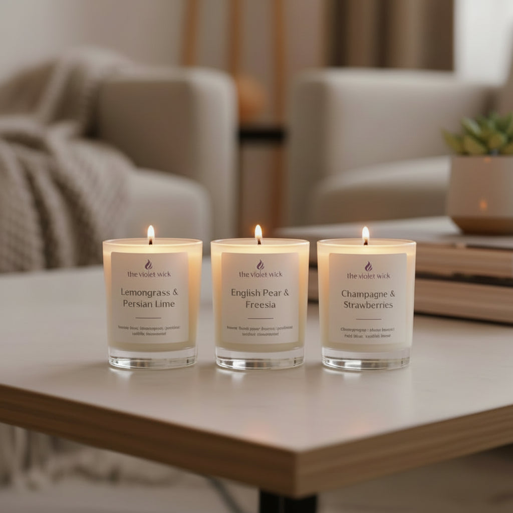 Three small candles by The Violet Wick on coffee table with lounge room in background.