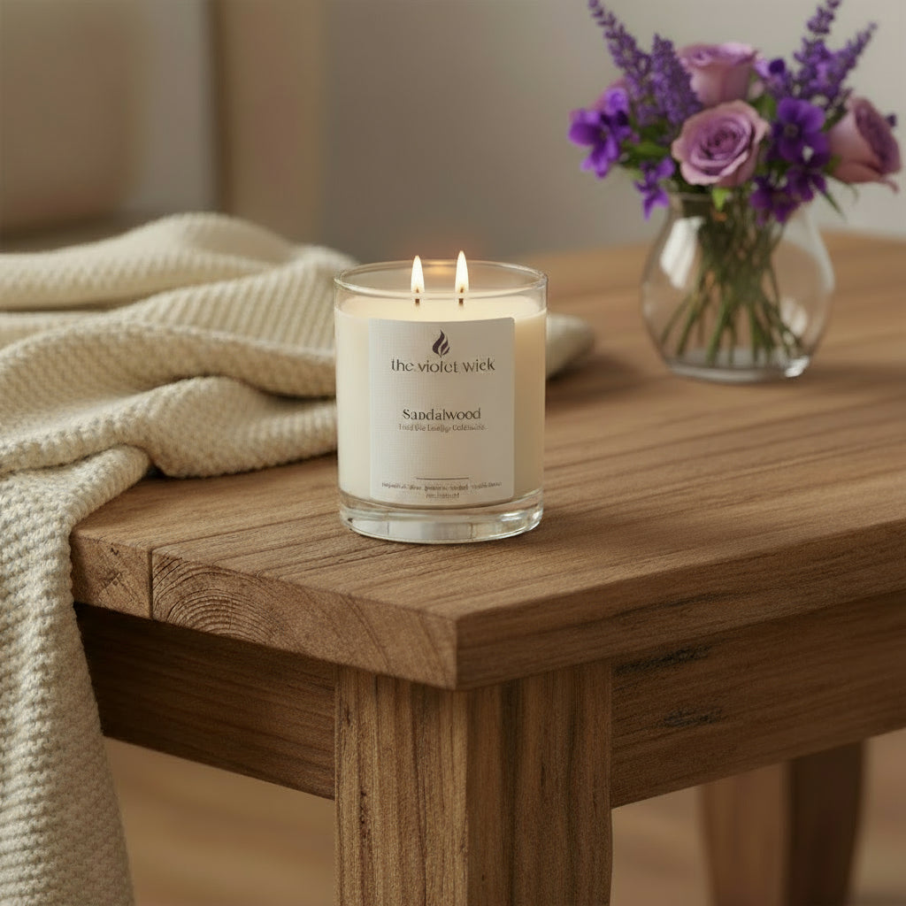 Sandalwood soy candle in white glass jar and timber lid by The Violet Wick