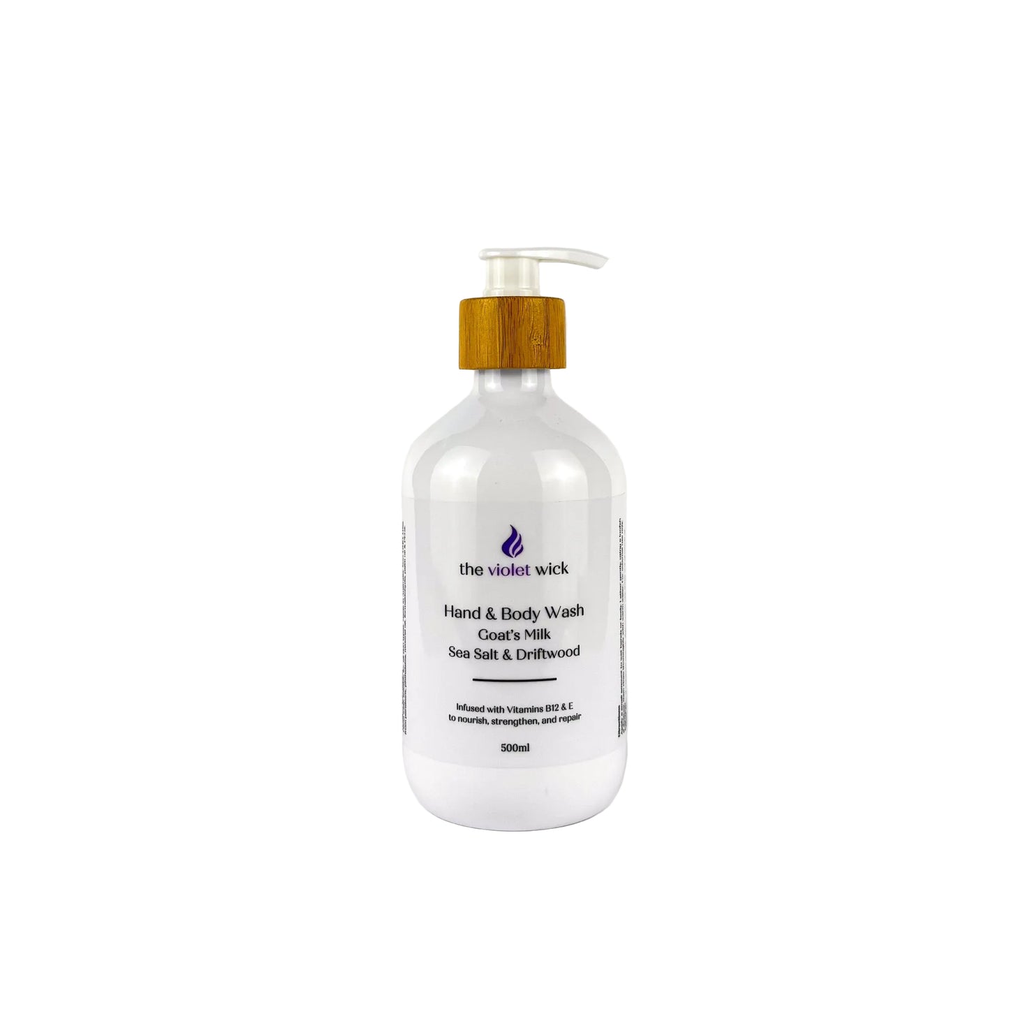 Sea Salt & Driftwood Goat's milk hand and body wash bottle on white background.