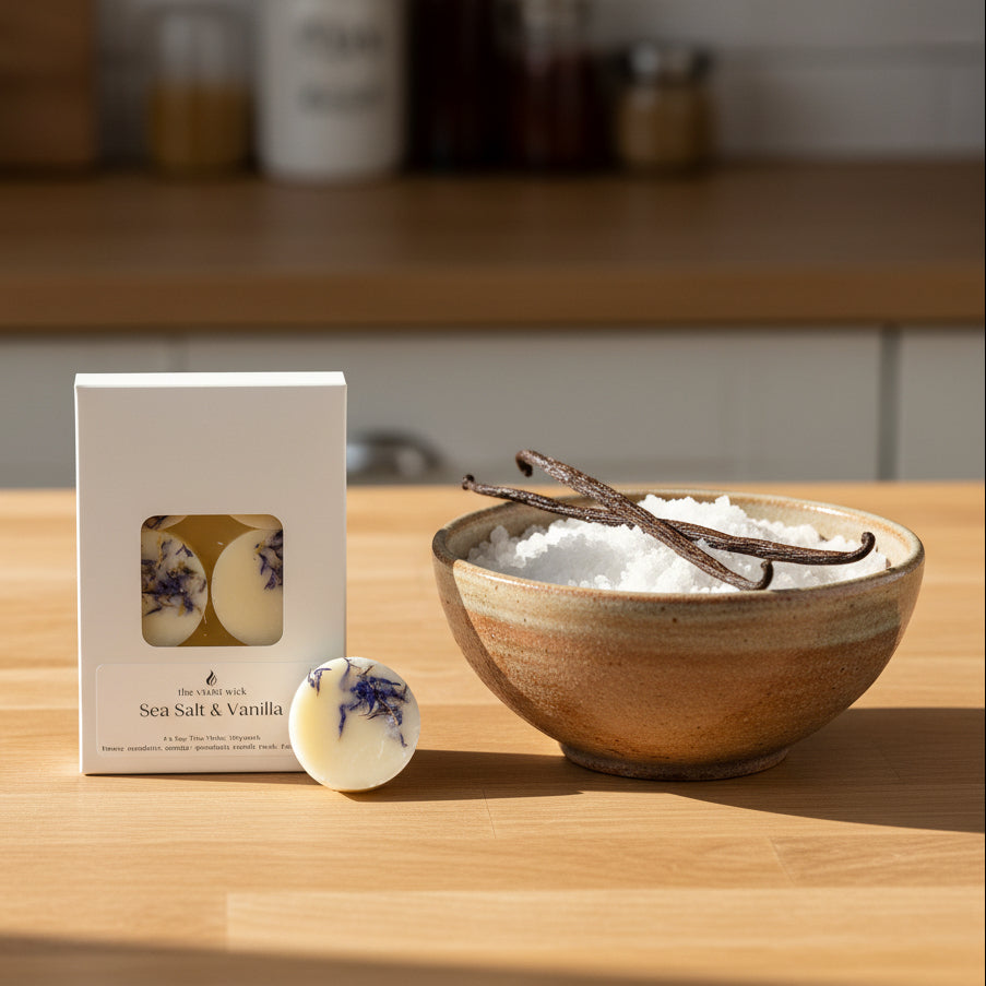 six pack botanical soy wax melts on kitchen bench with bowl of sea salt and vanilla