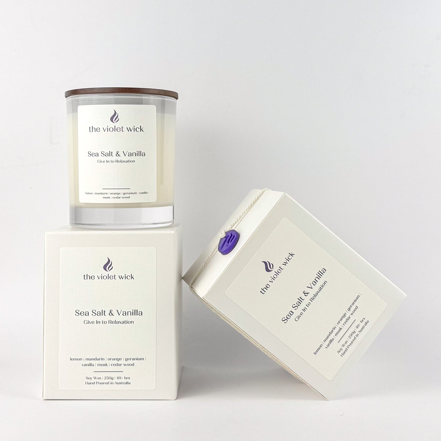 Sea Salt & Vanilla soy candle by The Violet Wick on white background