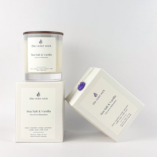 Sea Salt & Vanilla Soy Candle | lemon, mandarin, orange, geranium, vanilla, musk & cedar wood