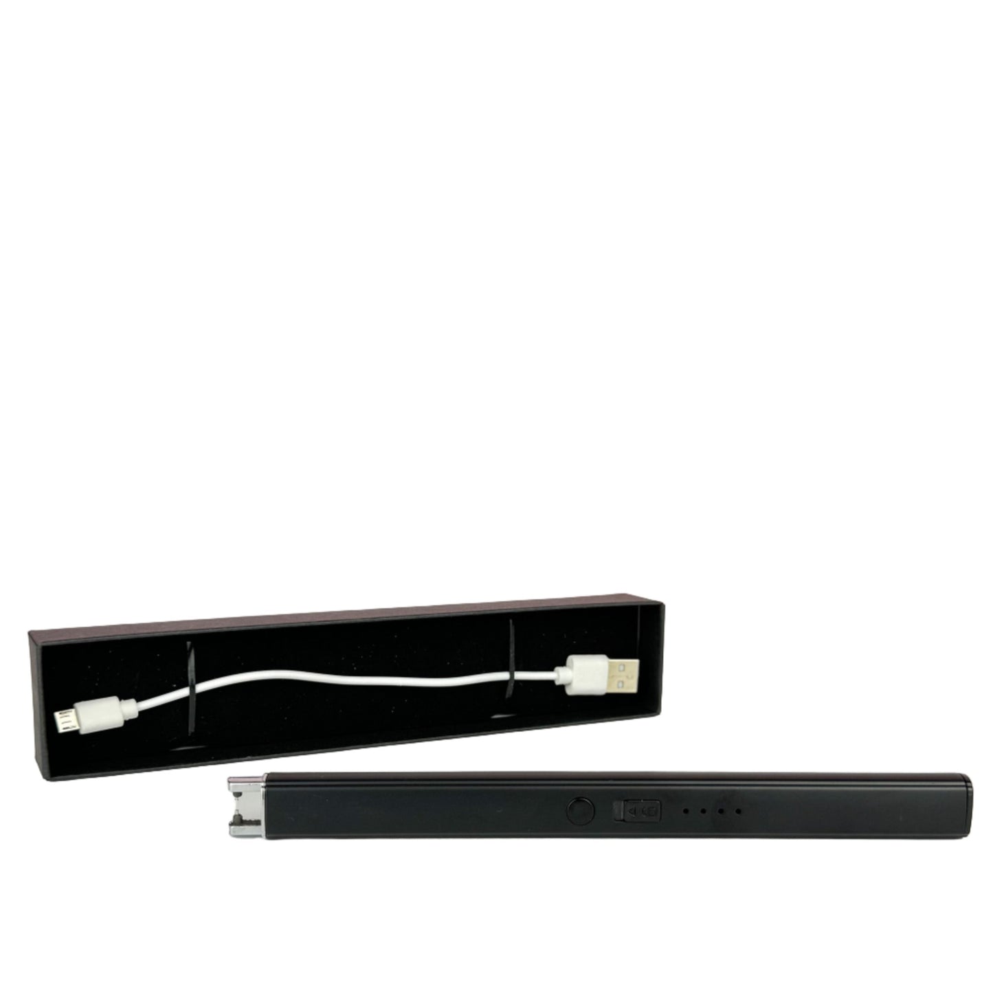 black rechargeable USB lighter and box on white background
