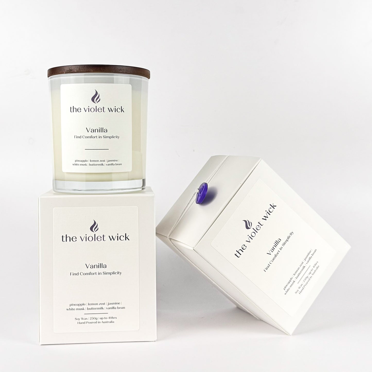 Vanilla soy candle on white background.