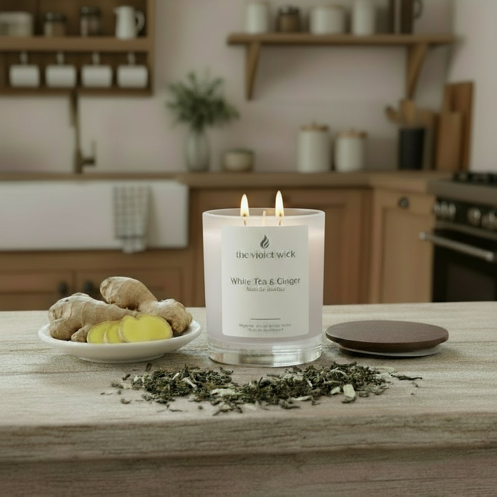 White Tea & Ginger soy candle in white jar with timber lid by The Violet Wick_2