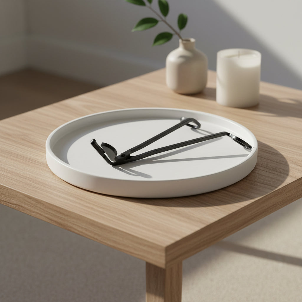 Black Wick Trimmer from The Violet Wick on white tray on timber coffee table