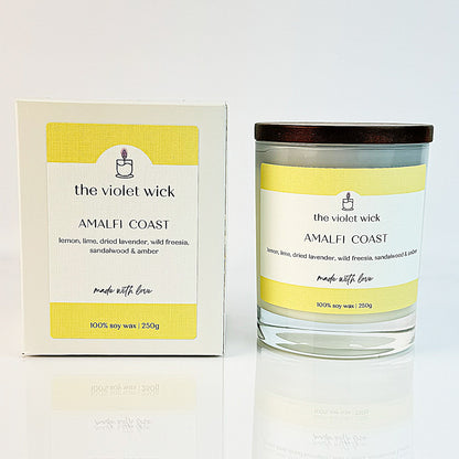Amalfi Coast scented soy candle from The Violet Wick, in a glass jar with timber lid, 250g.