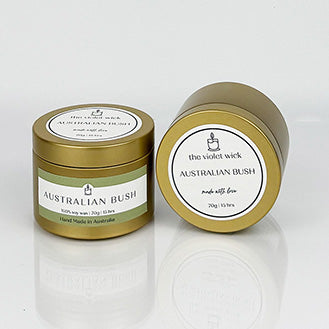Australian Bush scented soy candle from The Violet Wick in a gold tin, 70g.