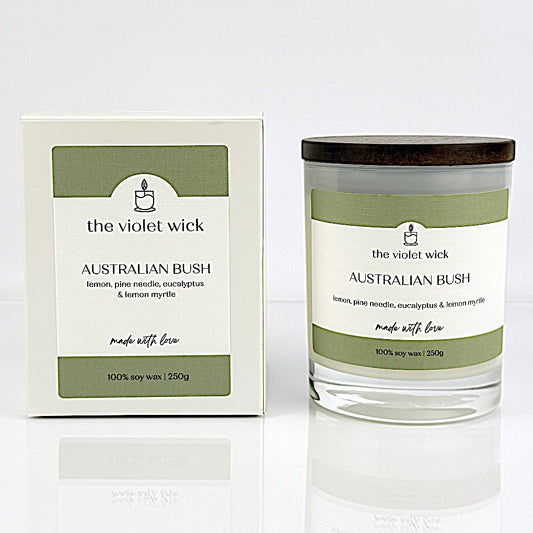 Australian Bush scented soy candle from The Violet Wick, in a glass jar with timber lid, 250.g