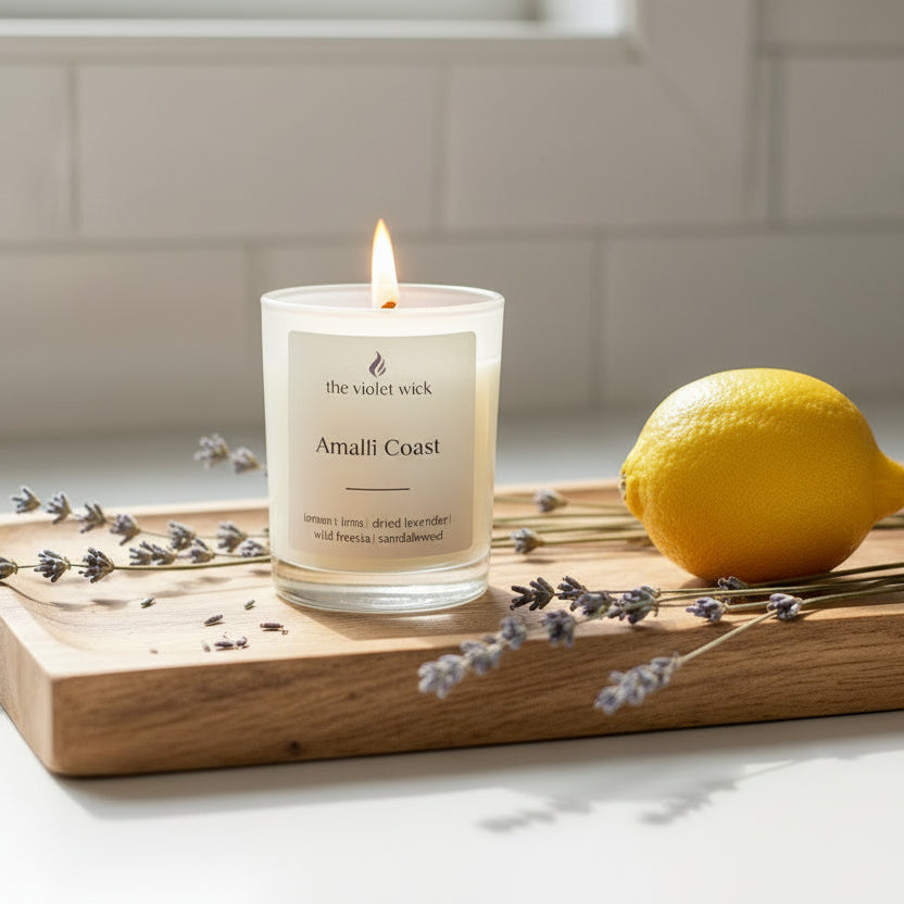 Candle labeled 'Amalfi Coast' by 'the violet wick' on a white background