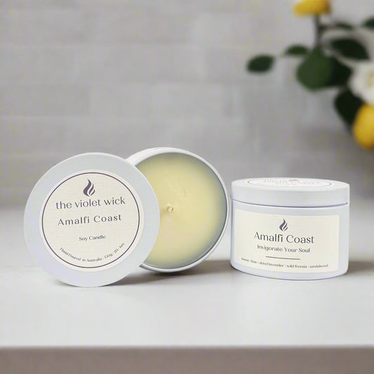 Amalfi Coast candle in white tin from The Violet Wick