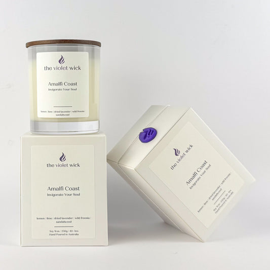 Amalfi Coast candle and packaging by the violet wick on a white background.