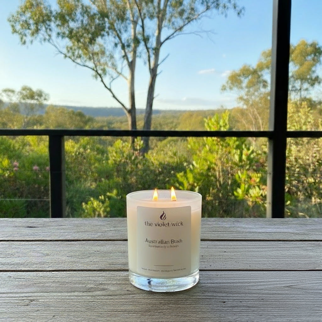Australian Bush soy candle in white glass jar and timber lid by The Violet Wick
