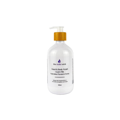 Australian Florals & Honey Goat's milk hand and body wash bottle on white background.