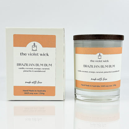 Brazilian Bum Bum scented soy candle from The Violet Wick in glass jar with timber lid, 250g.