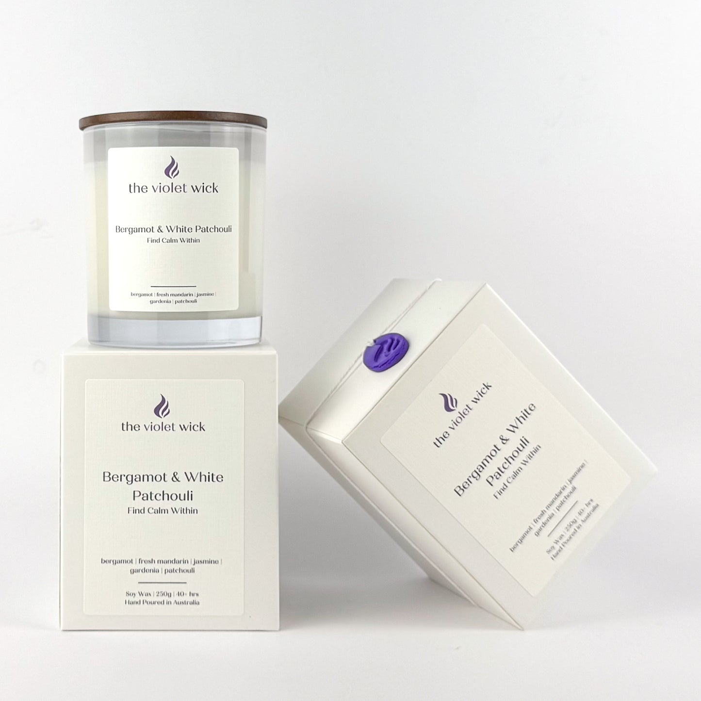 Bergamot & White Patchouli soy candle by The Violet Wick on white background