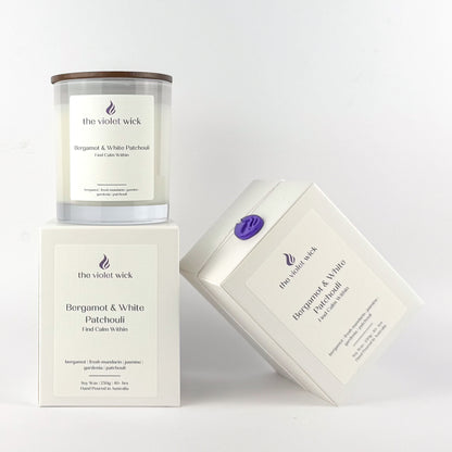 Bergamot & White Patchouli soy candle by The Violet Wick on white background