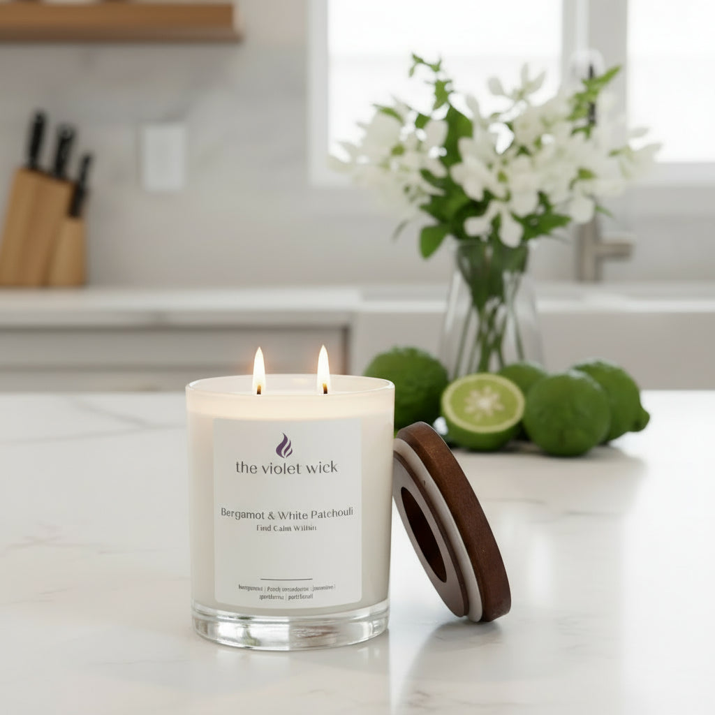 Bergamot & White Patchouli soy candle in white glass jar and timber lid by The Violet Wick