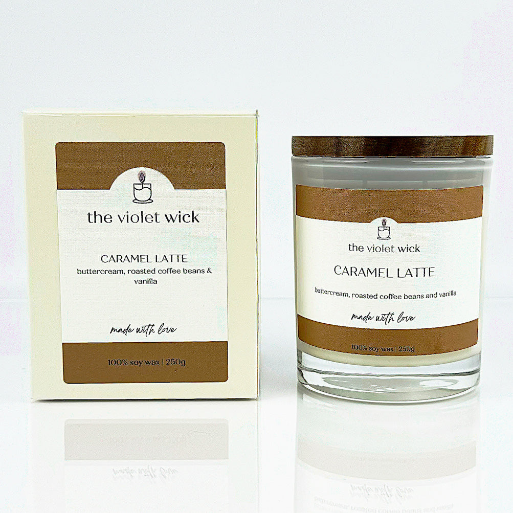 Caramel Latte scented soy candle from The Violet Wick in glass jar with timber lid, 250g.