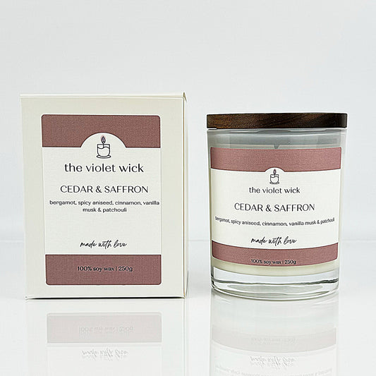 Cedar & Saffron scented soy candle from The Violet Wick in glass jar and timber lid, 250g