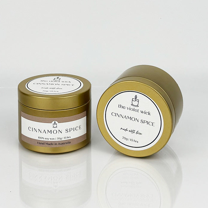 Cinnamon Spice scented soy candle from The Violet Wick in a gold tin, 70g.