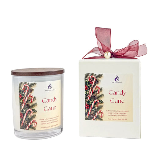 Candy Cane Soy Candle | buttermint, white mint leaf, amber, white chocolate, vanilla & white musk