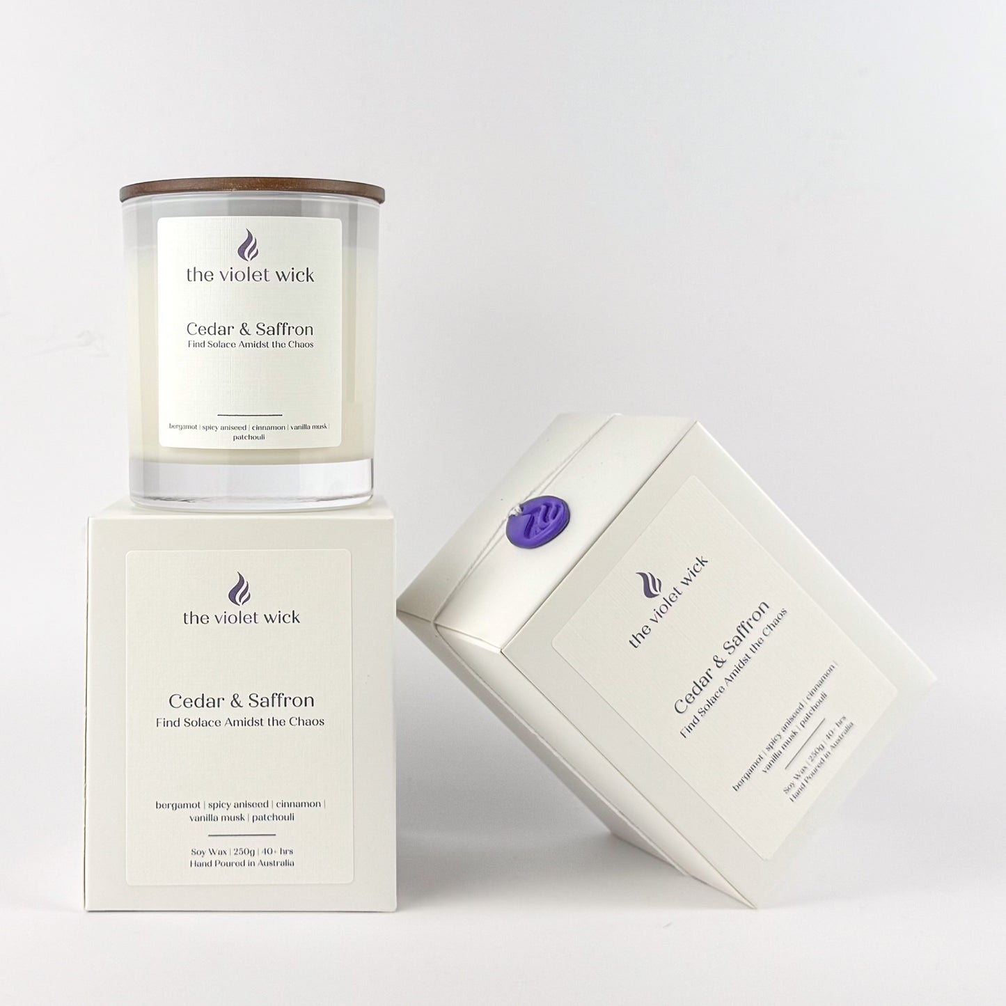Cedar & Saffron soy candle by The Violet Wick on white background