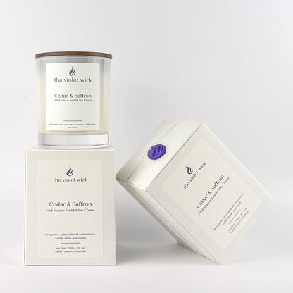 Cedar & Saffron soy candle by The Violet Wick on white background