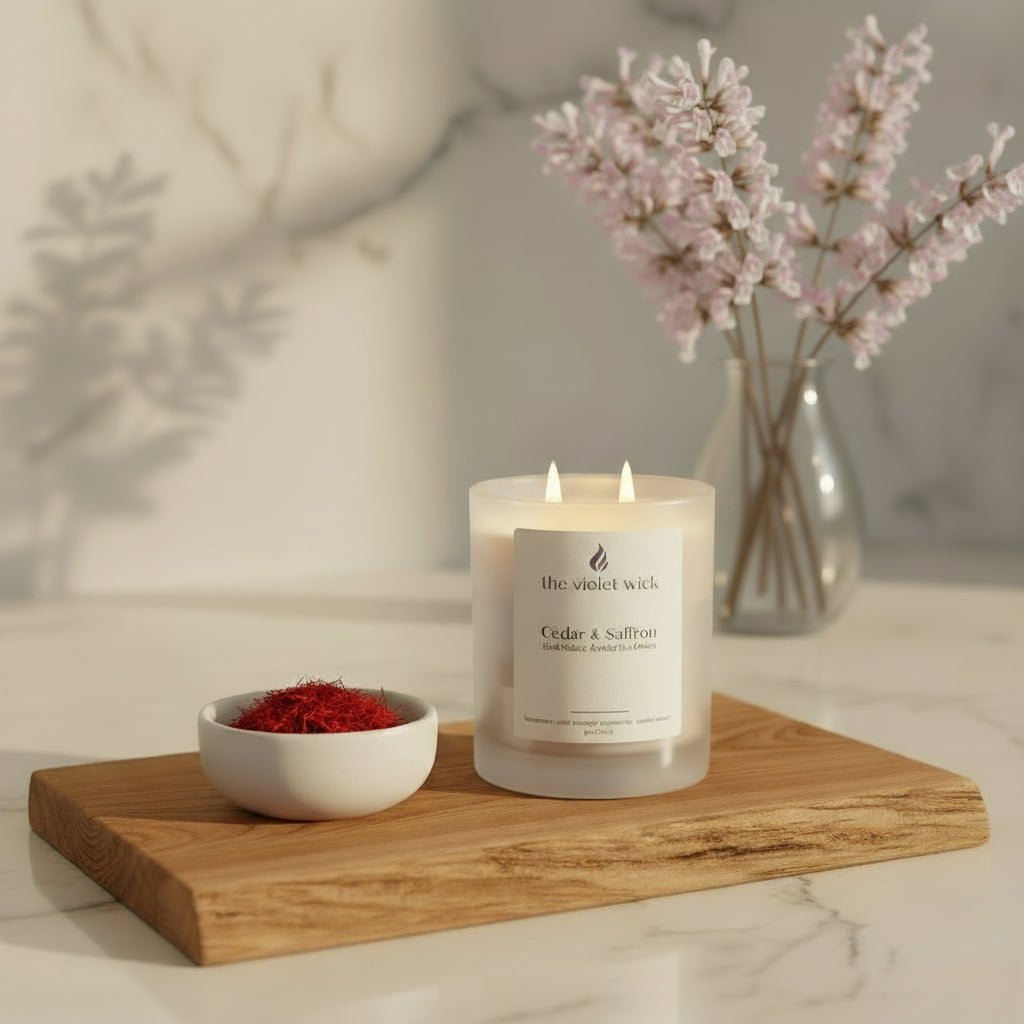 Cedar & Saffron soy candle in white glass jar and timber lid by The Violet Wick