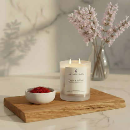 Cedar & Saffron soy candle in white glass jar and timber lid by The Violet Wick