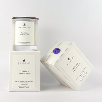 Chai Latte soy candle by The Violet Wick on white background