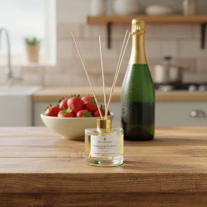 clear diffuser bottle with gold lid on wooden bench with bowl of strawberries and bottle of champagne