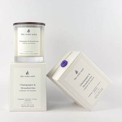 Champagne  Strawberries soy candle by The Violet Wick on white background
