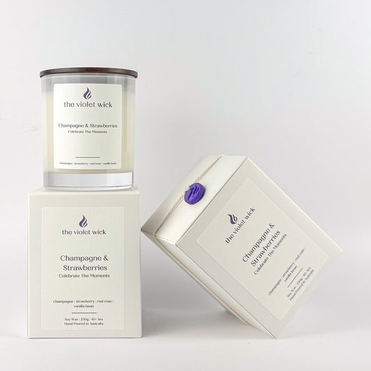 Champagne  Strawberries soy candle by The Violet Wick on white background