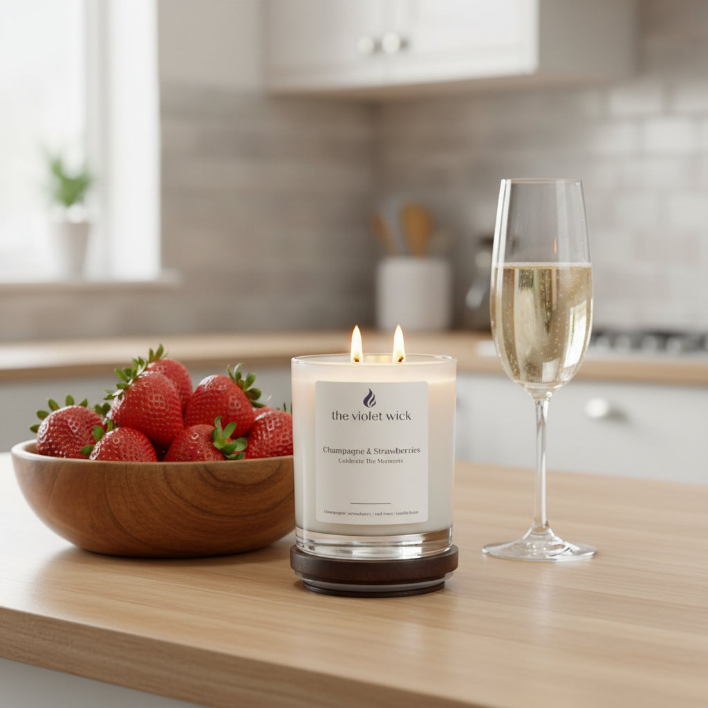Champagne & Strawberries soy candle in white glass jar and timber lid by The Violet Wick