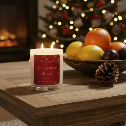 Christmas Spice scented soy candle on coffee table with a bowl or oranges, lemons, plums and pine cone.  With Christmas tree in background.