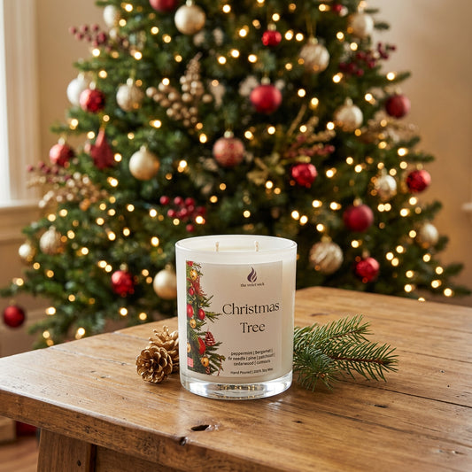 Christmas Tree Soy Candle_2 by The Violet Wick, placed on coffee table with Christmas Tree in background.