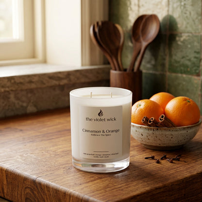 Cinnamon & Orange Soy Candle by The Violet Wick on wooden bench with oranges and cinnamon sticks nearby.