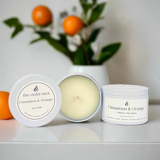 Cinnamon & Orange candle in white tin from The Violet Wick