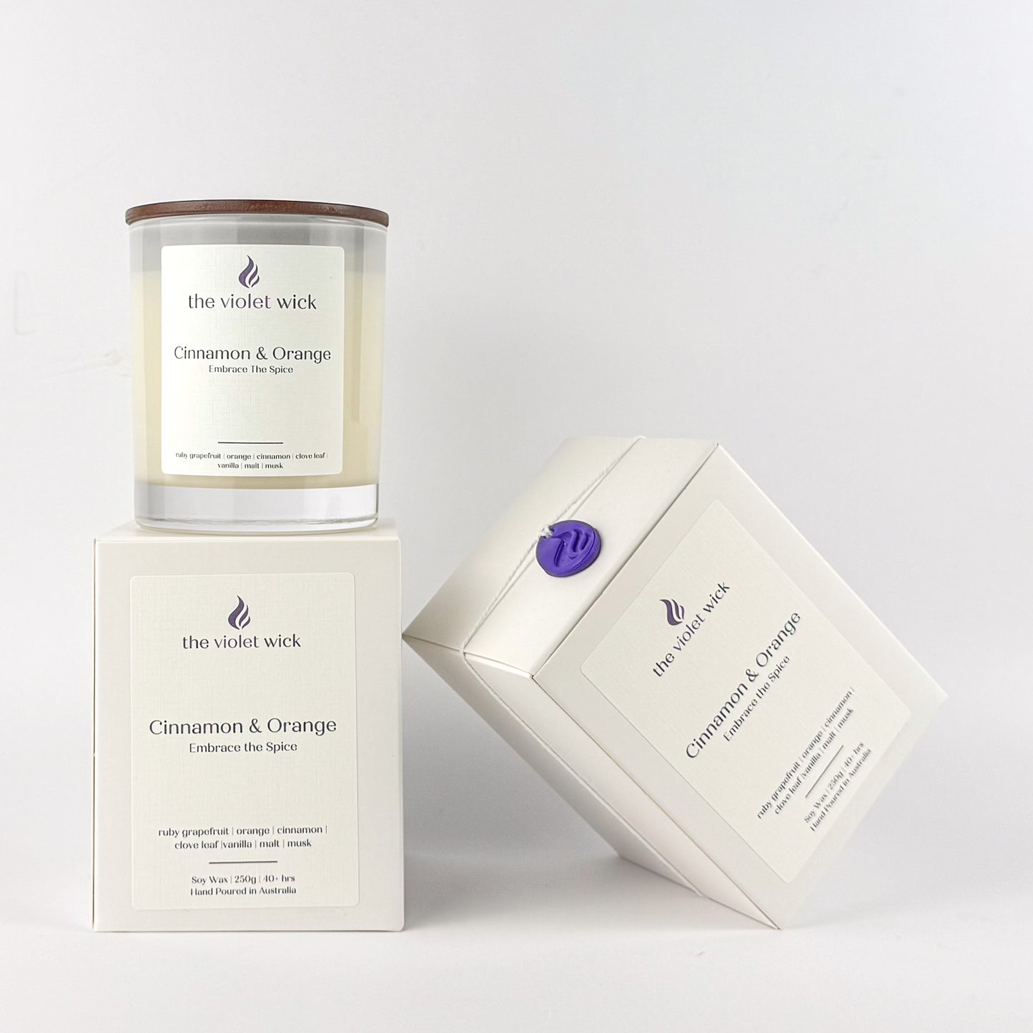 Cinnamon & Orange soy candle by The Violet Wick on white background