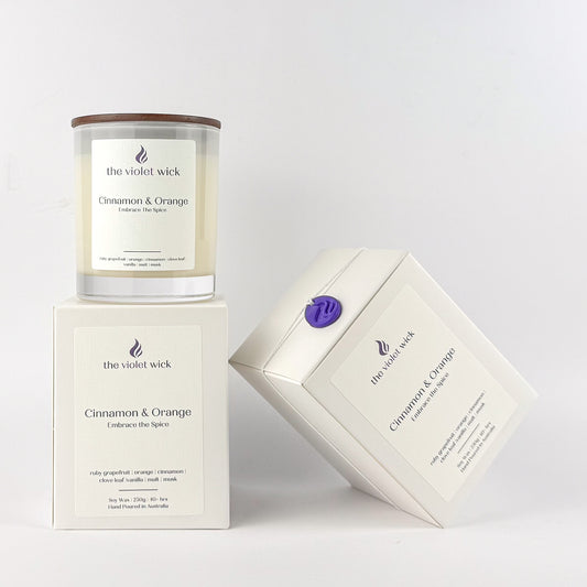 Cinnamon & Orange soy candle by The Violet Wick on white background