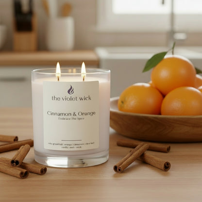 Cinnamon & Orange soy candle in white jar and timber lid by The Violet Wick