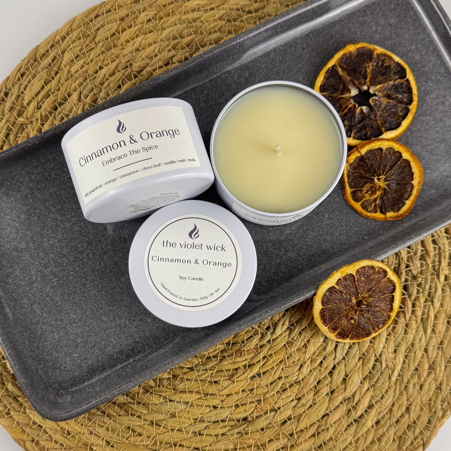 Cinnamon & Orange soy candle in white tin from The Violet Wick