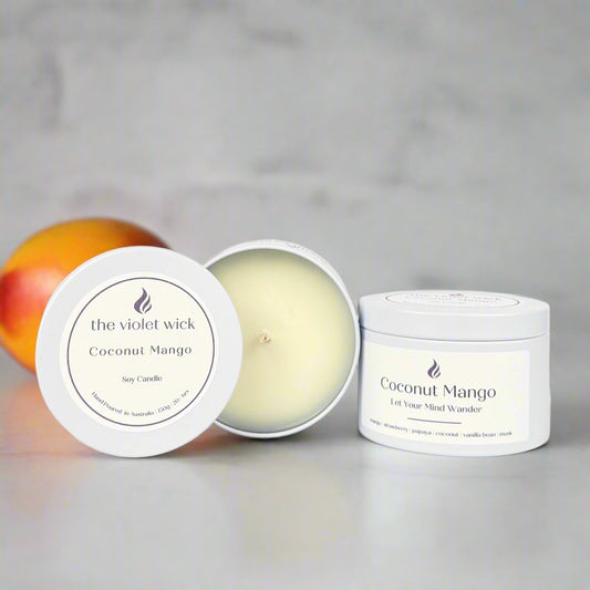 Coconut Mango candle in white tin from The Violet Wick