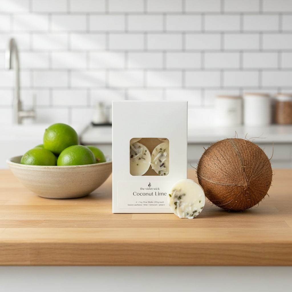 six pack of botanical soy wax melts on kitchen bench with bowl of limes and coconut